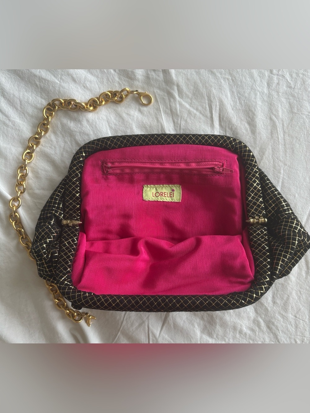 NWOT Vintage Lorelei Gold Geometric Lattice Clutch Hot Pink Lining - Picture 4 of 9